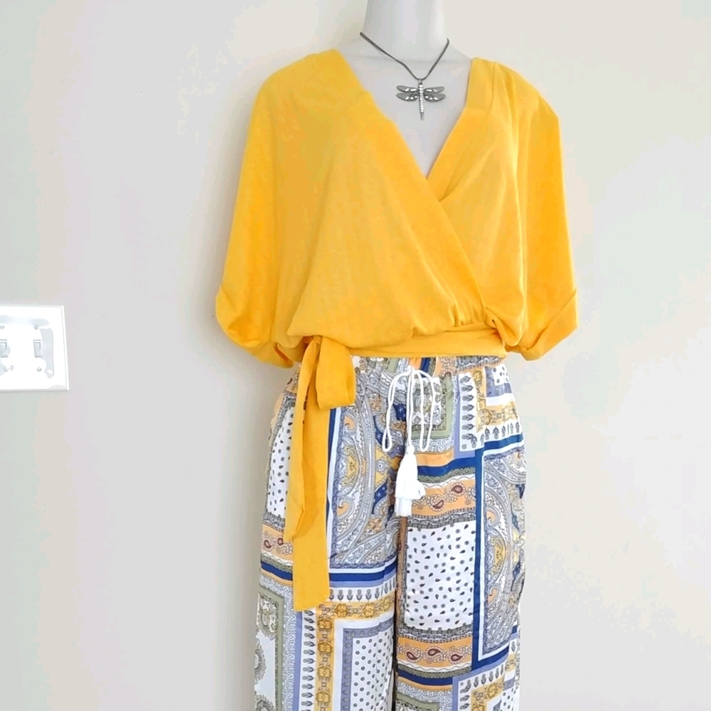 Yellow Vneck Wrap-tie Crop Top